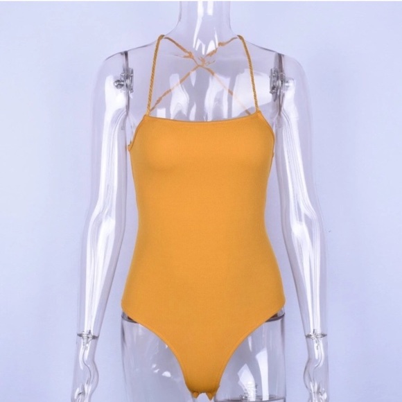 Mustard Ribbed Open Back Lace Up Bodysuit - Picture 7 of 8